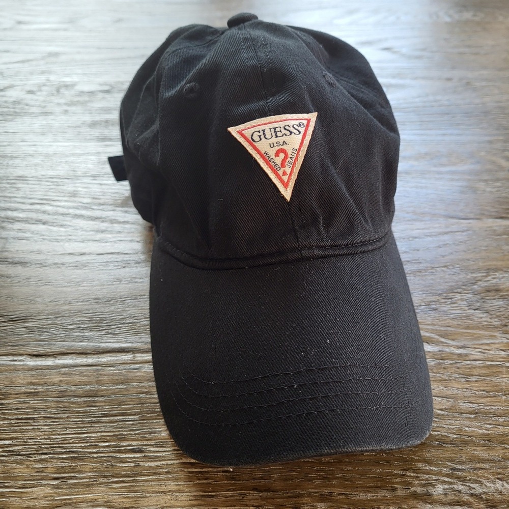 Guess Los Angeles Black Cotton Baseball Cap Triangle Logo Adjustable Strap Hat